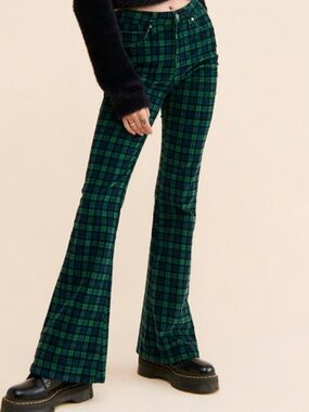 Green Plaid Corduroy Flare Pants